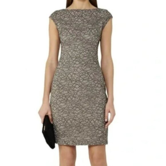 Reiss Ayda Sheath Lace Dress Women 4‎ Taupe Gray Cap Sleeve Short Length Event - Picture 1 of 8